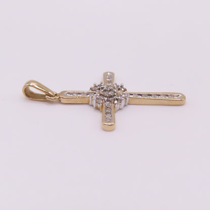 10K Yellow White Gold Diamond Cross Pendant 1-3/8" 2.6g