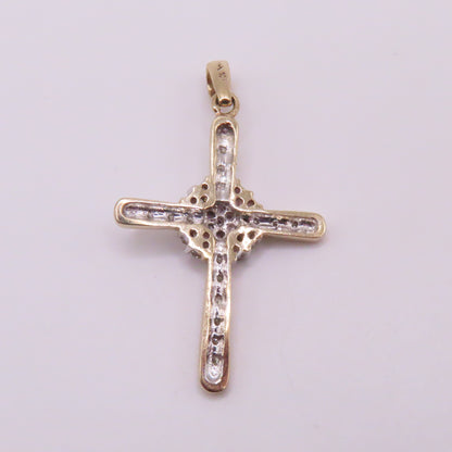 10K Yellow White Gold Diamond Cross Pendant 1-3/8" 2.6g