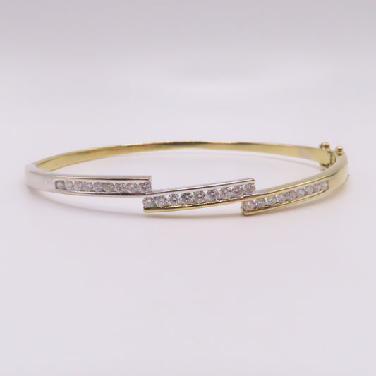 18K Two Tone Yellow & White Gold Diamond Channel Set Hinged Bangle Bracelet 7" 14.8g