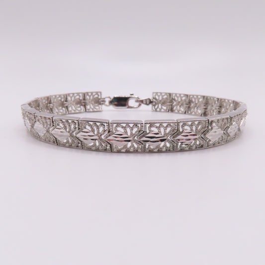 14K White Gold Art Deco Filigree Panel Bracelet 7-3/4" 15.2g
