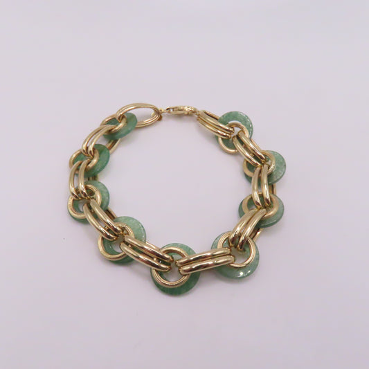 14K Yellow Gold Green Jade Round Disc Link Bracelet 7" 9.5g