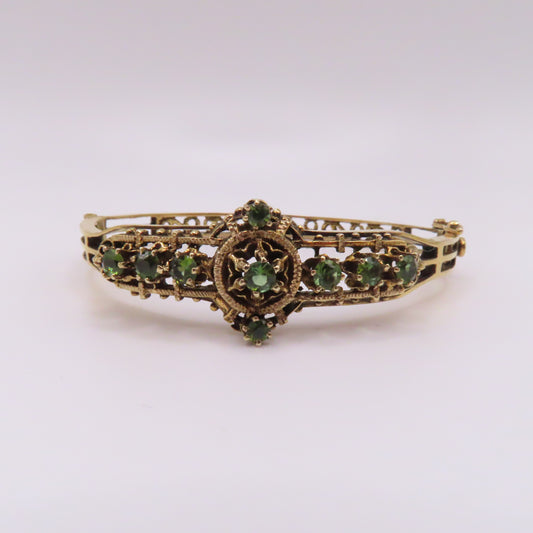 Vintage 14K Yellow Gold Peridot Filigree Ornate Hinged Bangle Bracelet 6-3/4" 17.7g
