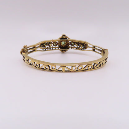 Vintage 14K Yellow Gold Peridot Filigree Ornate Hinged Bangle Bracelet 6-3/4" 17.7g