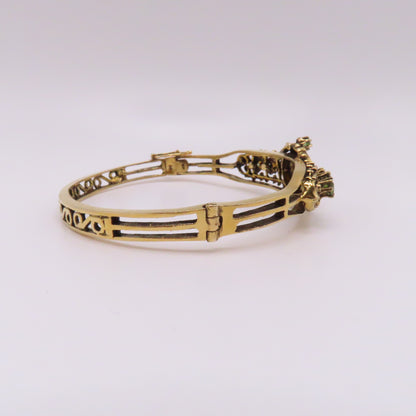 Vintage 14K Yellow Gold Peridot Filigree Ornate Hinged Bangle Bracelet 6-3/4" 17.7g