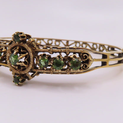 Vintage 14K Yellow Gold Peridot Filigree Ornate Hinged Bangle Bracelet 6-3/4" 17.7g