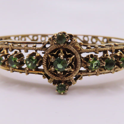 Vintage 14K Yellow Gold Peridot Filigree Ornate Hinged Bangle Bracelet 6-3/4" 17.7g
