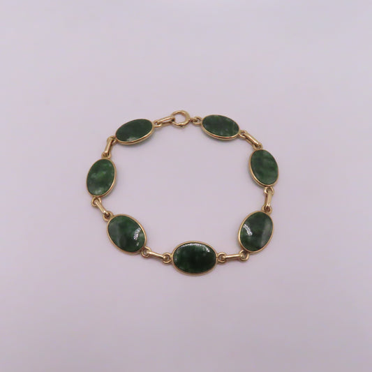 14K Yellow Gold Oval Bezel Set Green Nephrite Link Bracelet 7" 9.7g