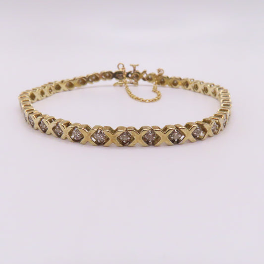 10K Yellow Gold XO Diamond Tennis Bracelet 7-1/4" 8.3g