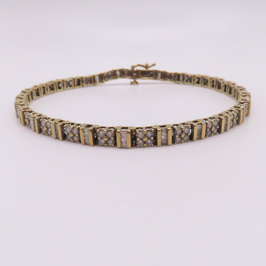 10K Yellow Gold Baguette and Round Diamond Cluster Bar Link Tennis Bracelet 8" 10.9g