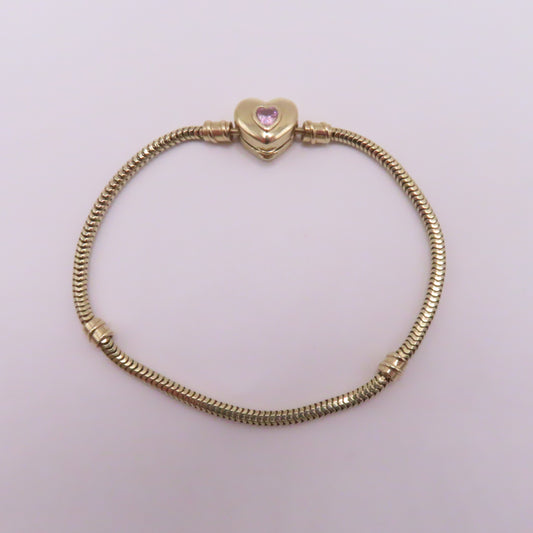 14K Yellow Gold Snake Chain Heart Clasp Charm Bracelet 7" 7.6g