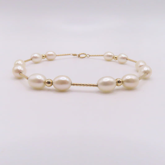 14K Yellow Gold Pearl Bead Twist Station Bracelet 6-3/4" 4.6g
