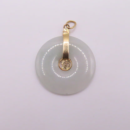 14K Yellow Gold Green Jade Round Disc Chinese Character Pendant 1-1/4" 3.1g