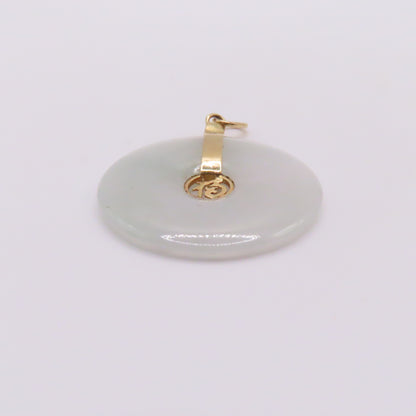 14K Yellow Gold Green Jade Round Disc Chinese Character Pendant 1-1/4" 3.1g