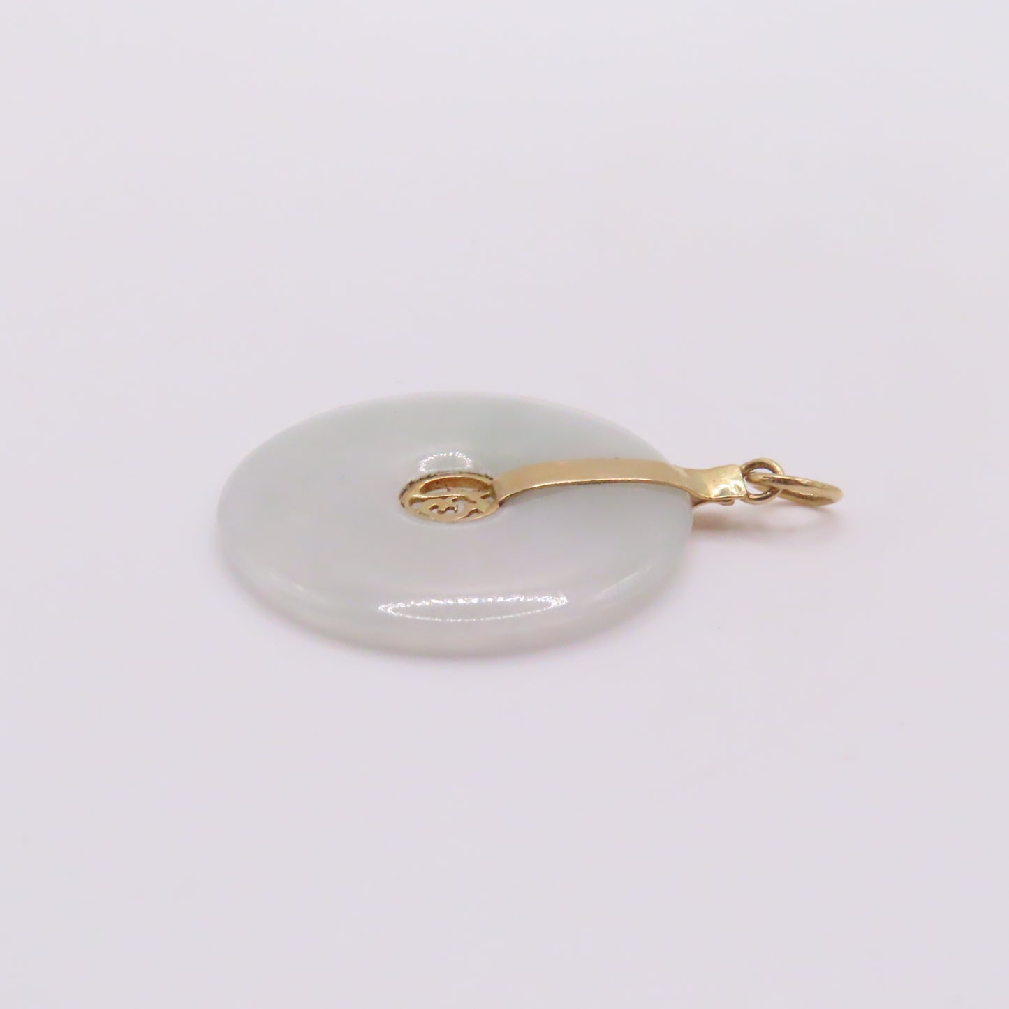 14K Yellow Gold Green Jade Round Disc Chinese Character Pendant 1-1/4" 3.1g