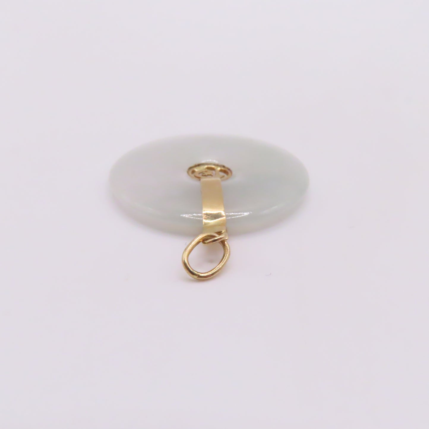 14K Yellow Gold Green Jade Round Disc Chinese Character Pendant 1-1/4" 3.1g