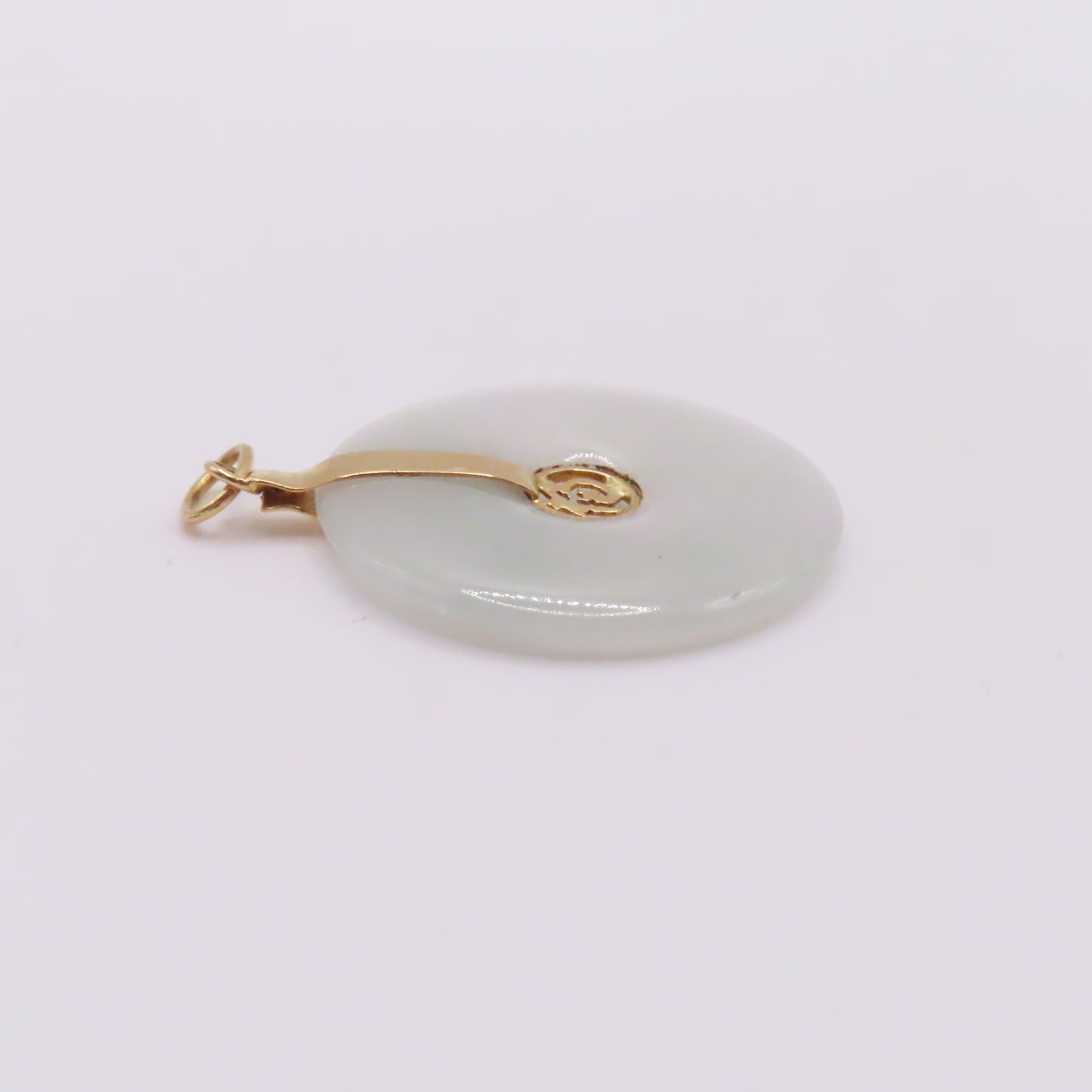 14K Yellow Gold Green Jade Round Disc Chinese Character Pendant 1-1/4" 3.1g