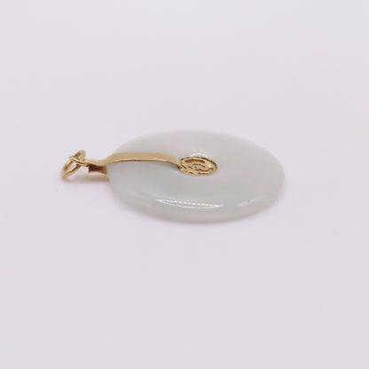 14K Yellow Gold Green Jade Round Disc Chinese Character Pendant 1-1/4" 3.1g
