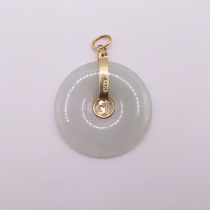 14K Yellow Gold Green Jade Round Disc Chinese Character Pendant 1-1/4" 3.1g