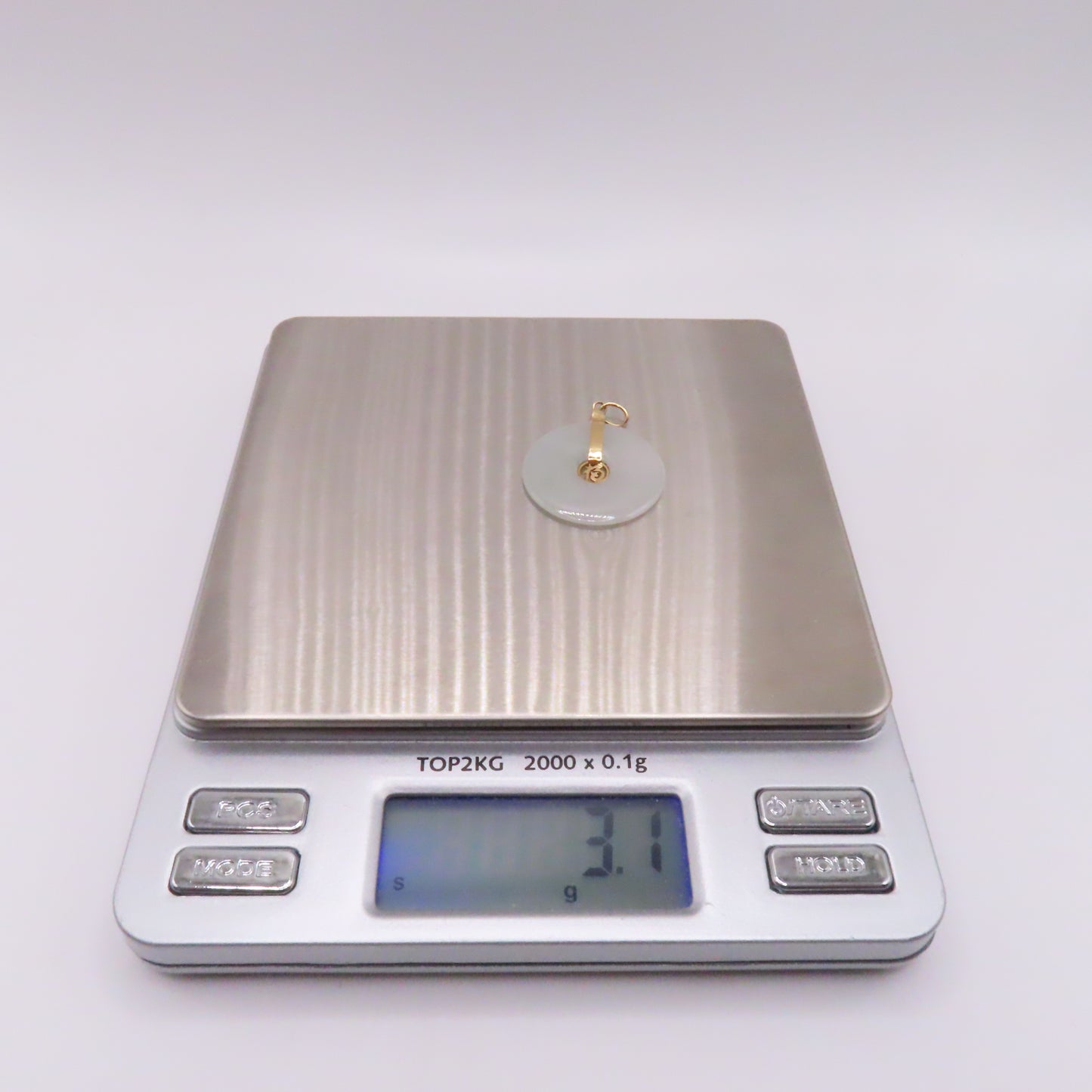 14K Yellow Gold Green Jade Round Disc Chinese Character Pendant 1-1/4" 3.1g