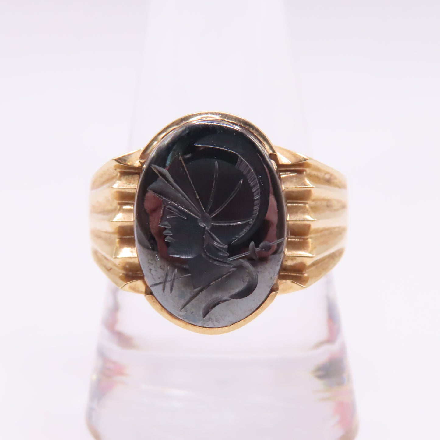 14K Yellow Gold Roman Soldier Hematite Intaglio Carved Signet Ring Size 10.25 10.4g