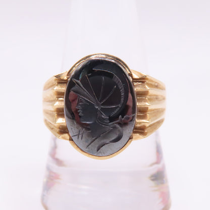 14K Yellow Gold Roman Soldier Hematite Intaglio Carved Signet Ring Size 10.25 10.4g