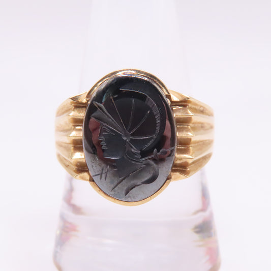 14K Yellow Gold Roman Soldier Hematite Intaglio Carved Signet Ring Size 10.25 10.4g