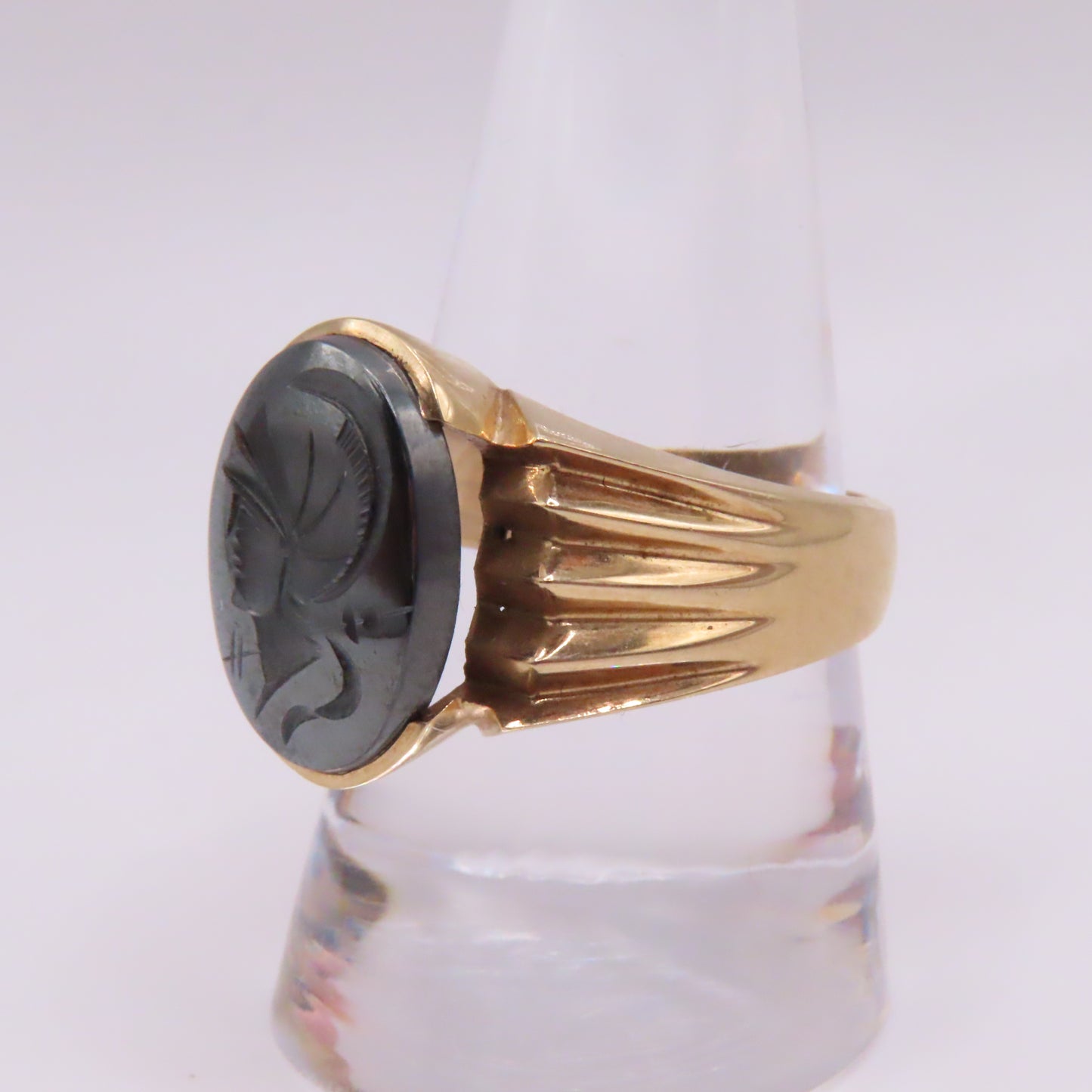 14K Yellow Gold Roman Soldier Hematite Intaglio Carved Signet Ring Size 10.25 10.4g