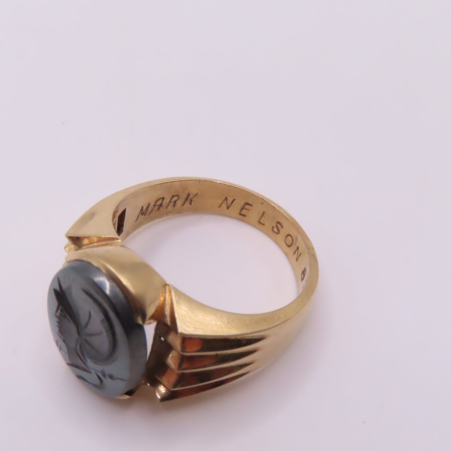 14K Yellow Gold Roman Soldier Hematite Intaglio Carved Signet Ring Size 10.25 10.4g