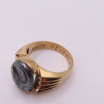14K Yellow Gold Roman Soldier Hematite Intaglio Carved Signet Ring Size 10.25 10.4g
