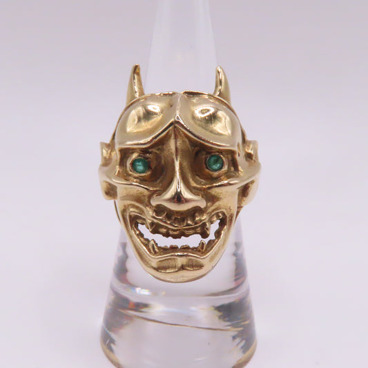 14K Yellow Gold Japanese Hannya Demon Face with Green Emerald Eyes Ring Size 7 16.7g