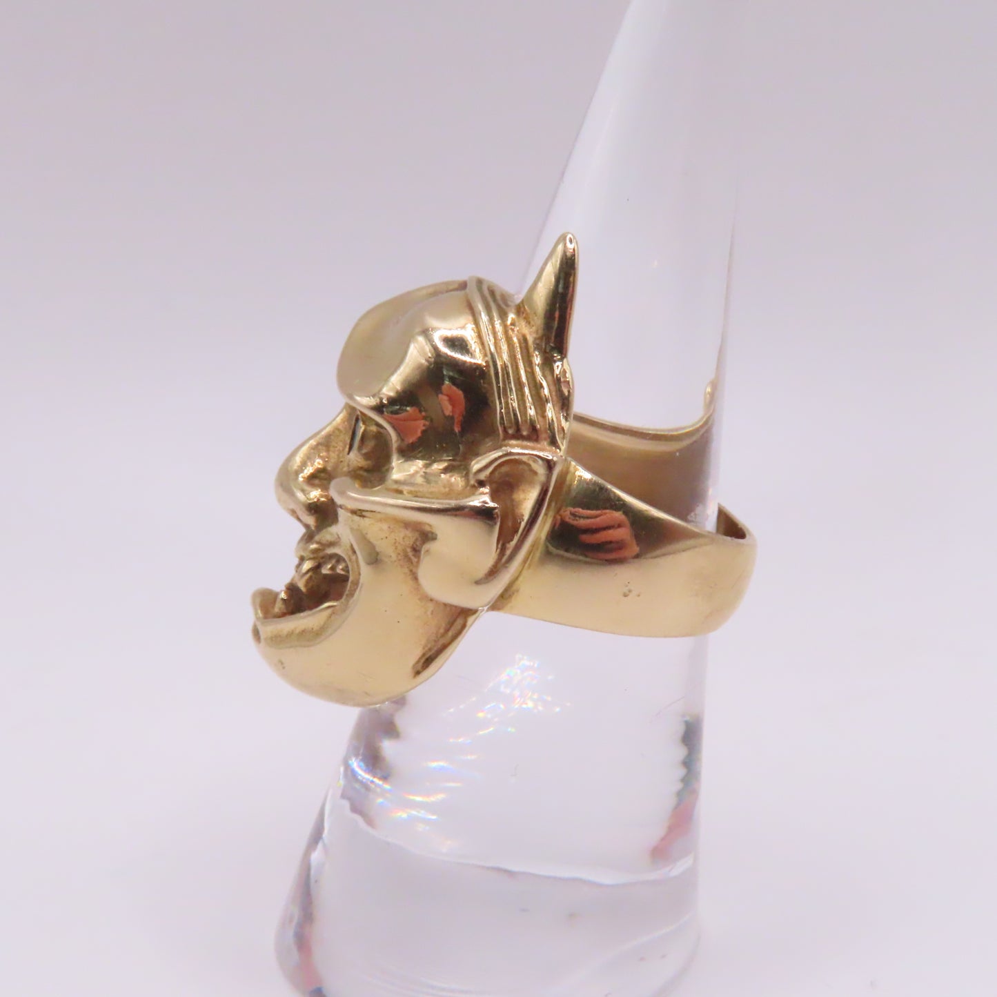 14K Yellow Gold Japanese Hannya Demon Face with Green Emerald Eyes Ring Size 7 16.7g