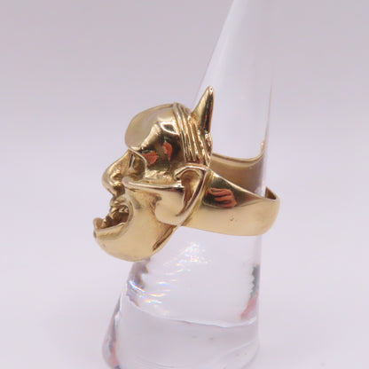 14K Yellow Gold Japanese Hannya Demon Face with Green Emerald Eyes Ring Size 7 16.7g