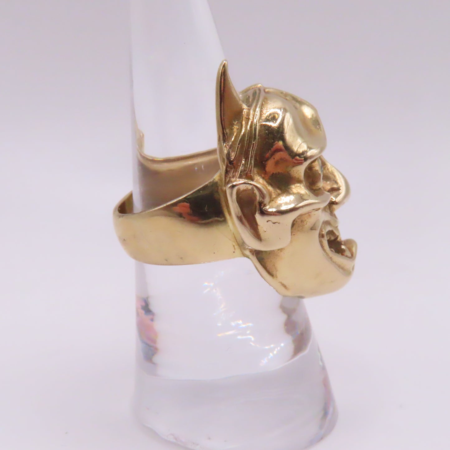 14K Yellow Gold Japanese Hannya Demon Face with Green Emerald Eyes Ring Size 7 16.7g
