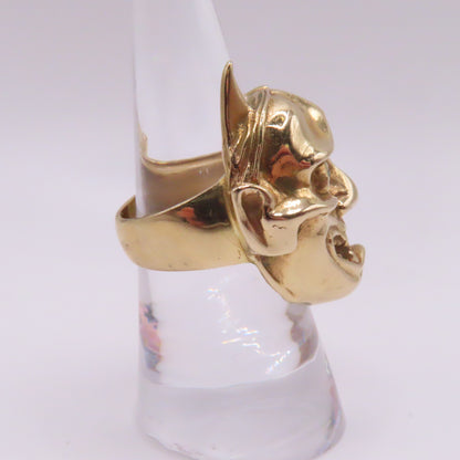 14K Yellow Gold Japanese Hannya Demon Face with Green Emerald Eyes Ring Size 7 16.7g