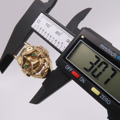 14K Yellow Gold Japanese Hannya Demon Face with Green Emerald Eyes Ring Size 7 16.7g
