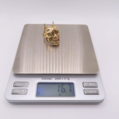 14K Yellow Gold Japanese Hannya Demon Face with Green Emerald Eyes Ring Size 7 16.7g