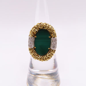 18K Yellow Gold Oval Malachite Byzantine Bezel Diamond Ring Size 5 8.9g