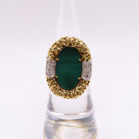 18K Yellow Gold Oval Malachite Byzantine Bezel Diamond Ring Size 5 8.9g