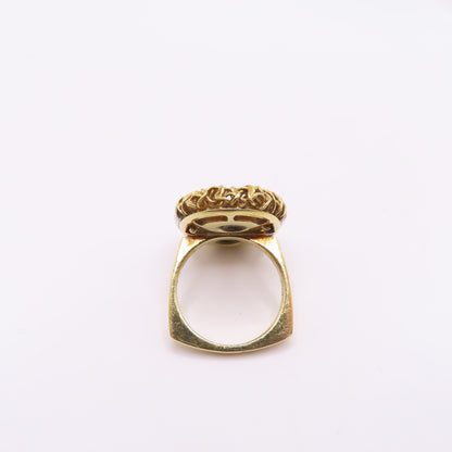 18K Yellow Gold Oval Malachite Byzantine Bezel Diamond Ring Size 5 8.9g