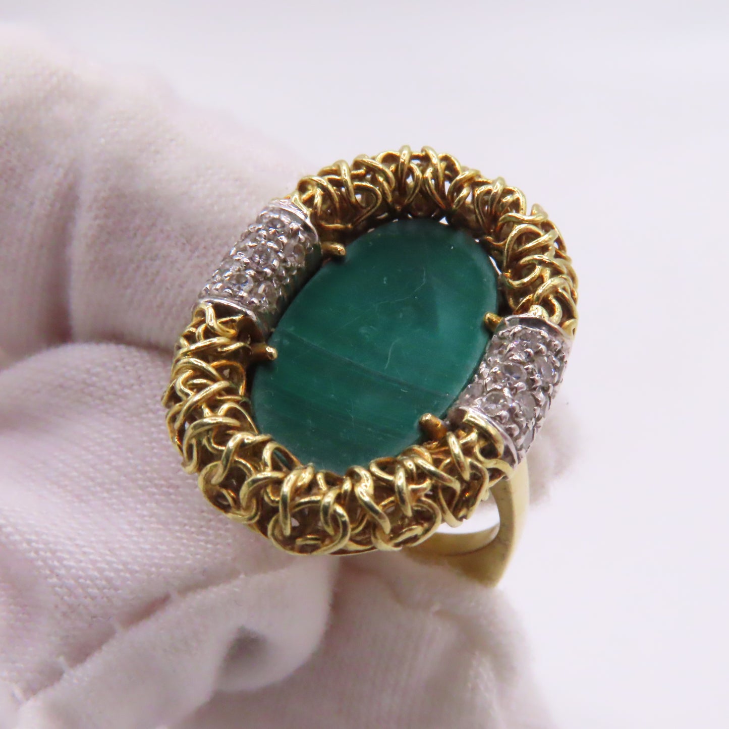 18K Yellow Gold Oval Malachite Byzantine Bezel Diamond Ring Size 5 8.9g