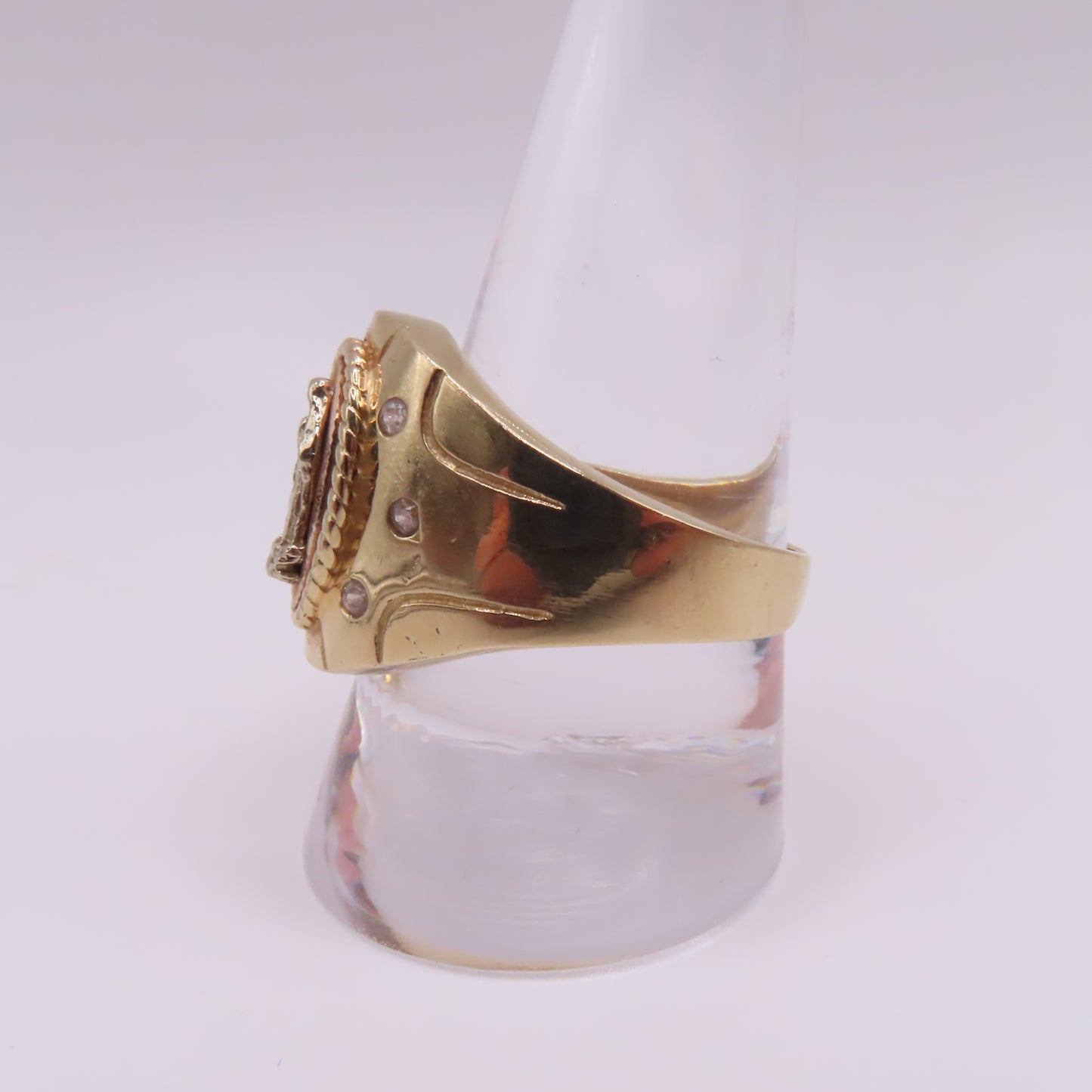 14K Tri Tone Yellow Rose White Gold Virgin Mary Ring Size 11.25 9.3g