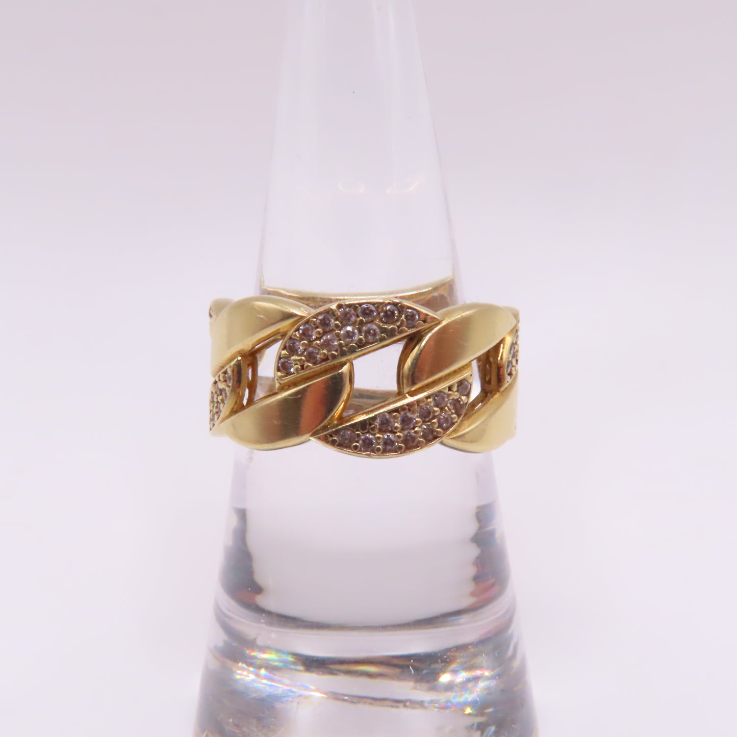 18K Yellow Gold Cuban Link Pavé CZ Band Ring Size 7.75 5.2g