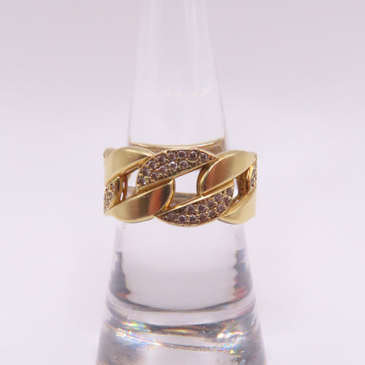 18K Yellow Gold Cuban Link Pavé CZ Band Ring Size 7.75 5.2g