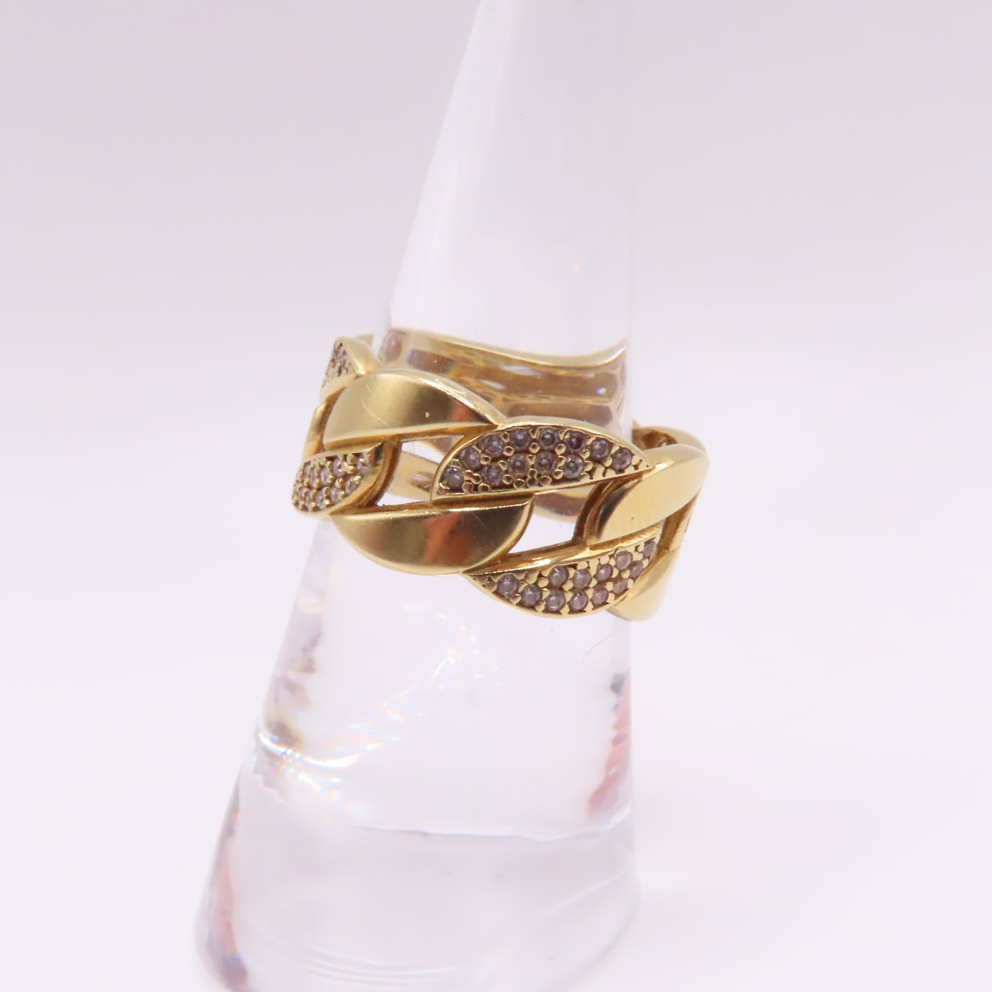18K Yellow Gold Cuban Link Pavé CZ Band Ring Size 7.75 5.2g