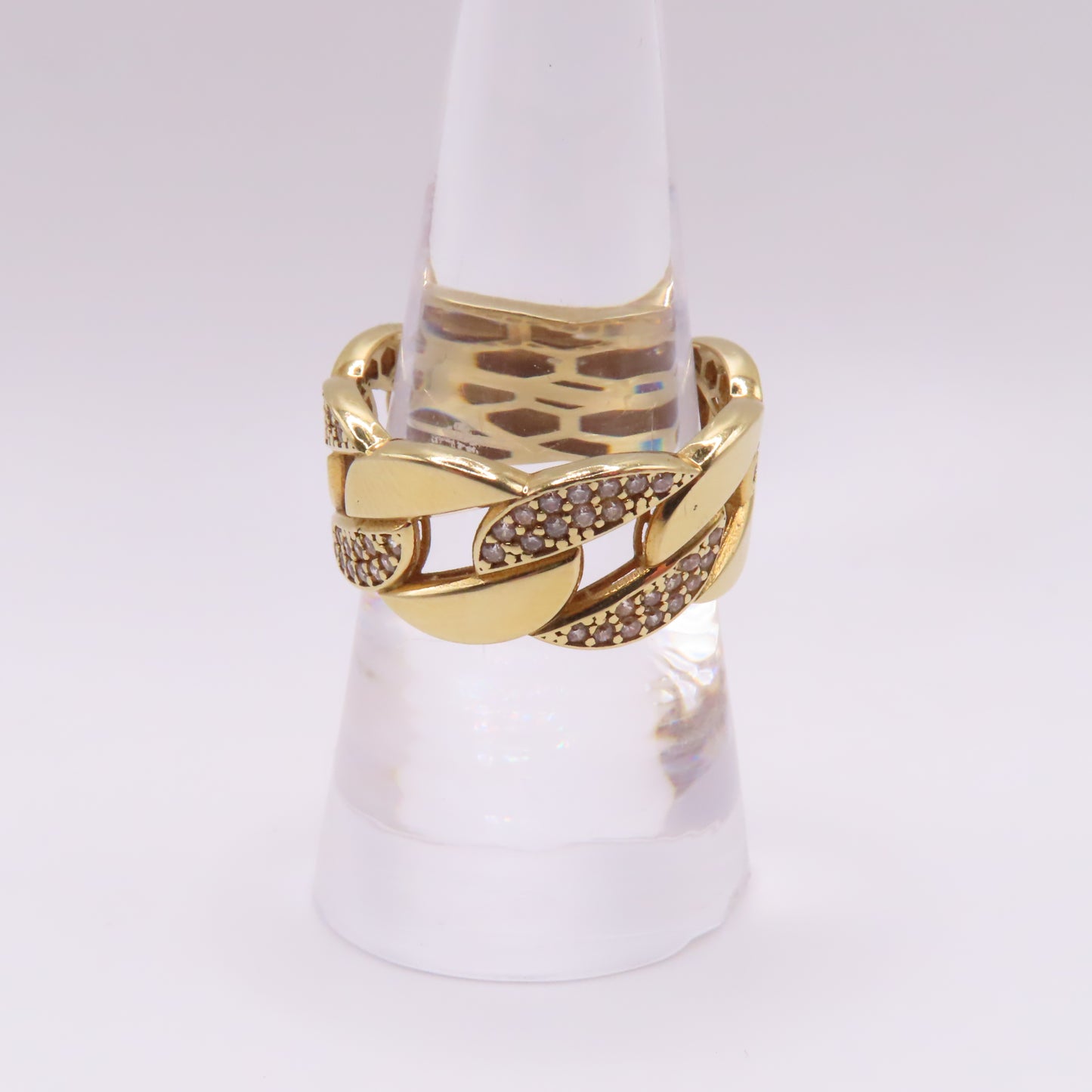 18K Yellow Gold Cuban Link Pavé CZ Band Ring Size 7.75 5.2g