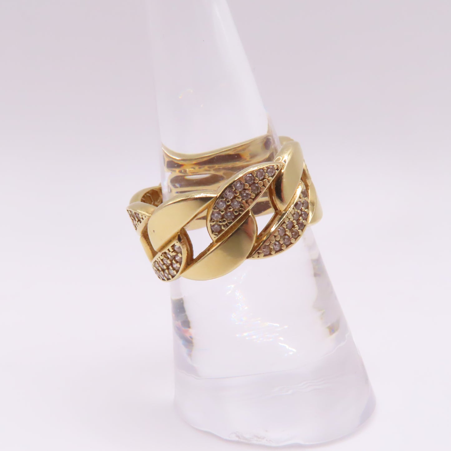 18K Yellow Gold Cuban Link Pavé CZ Band Ring Size 7.75 5.2g