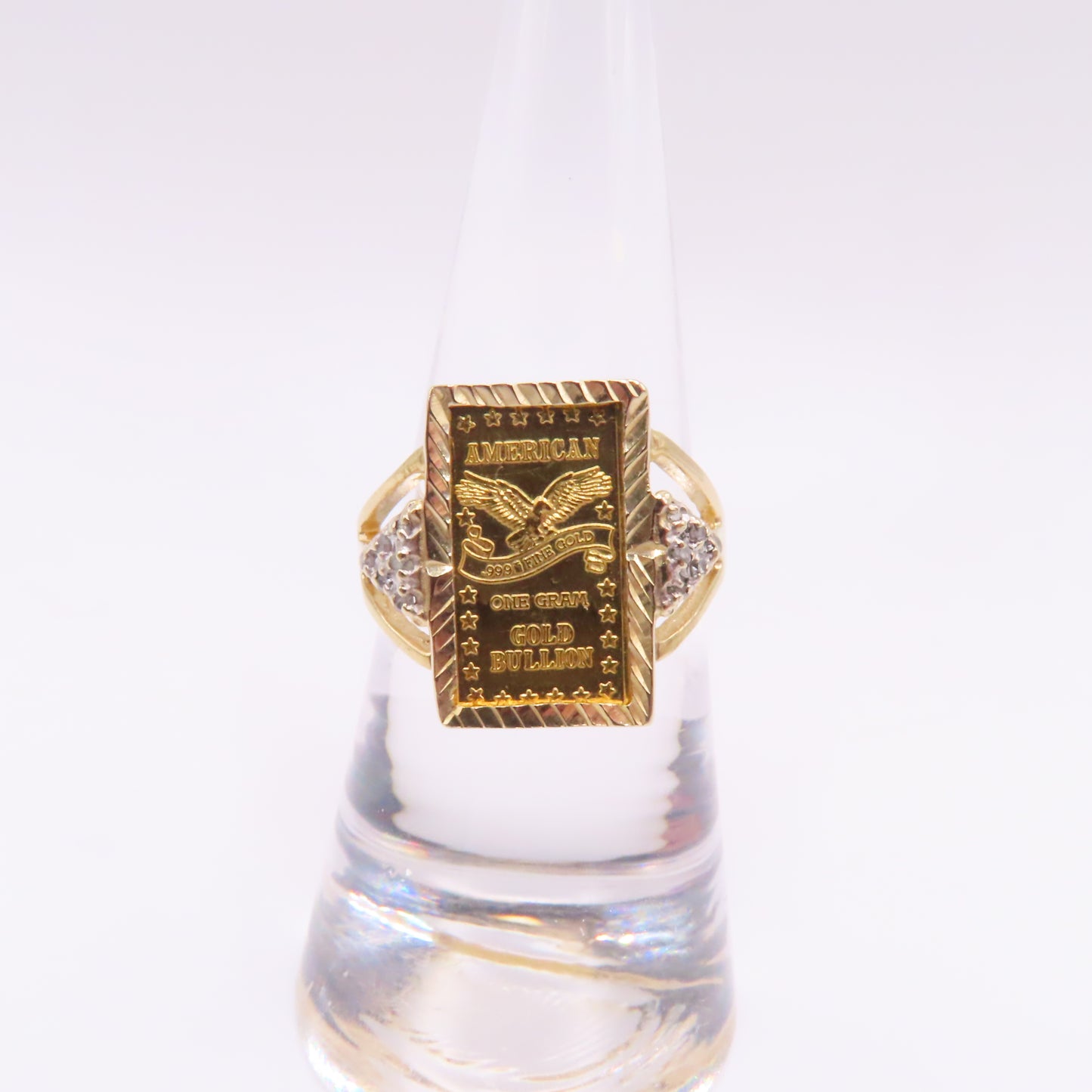 .999 Fine Gold 1 Gram Ingot Bar 14K Yellow Gold Bezel with Diamonds Ring Size 7.25 3.5g