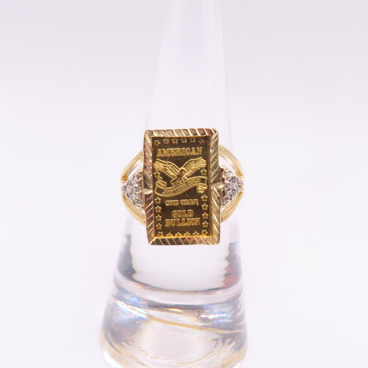 .999 Fine Gold 1 Gram Ingot Bar 14K Yellow Gold Bezel with Diamonds Ring Size 7.25 3.5g