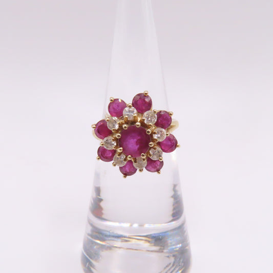 14K Yellow Gold Round Ruby and Diamond Tiered Cluster Ring Size 5 4.2g