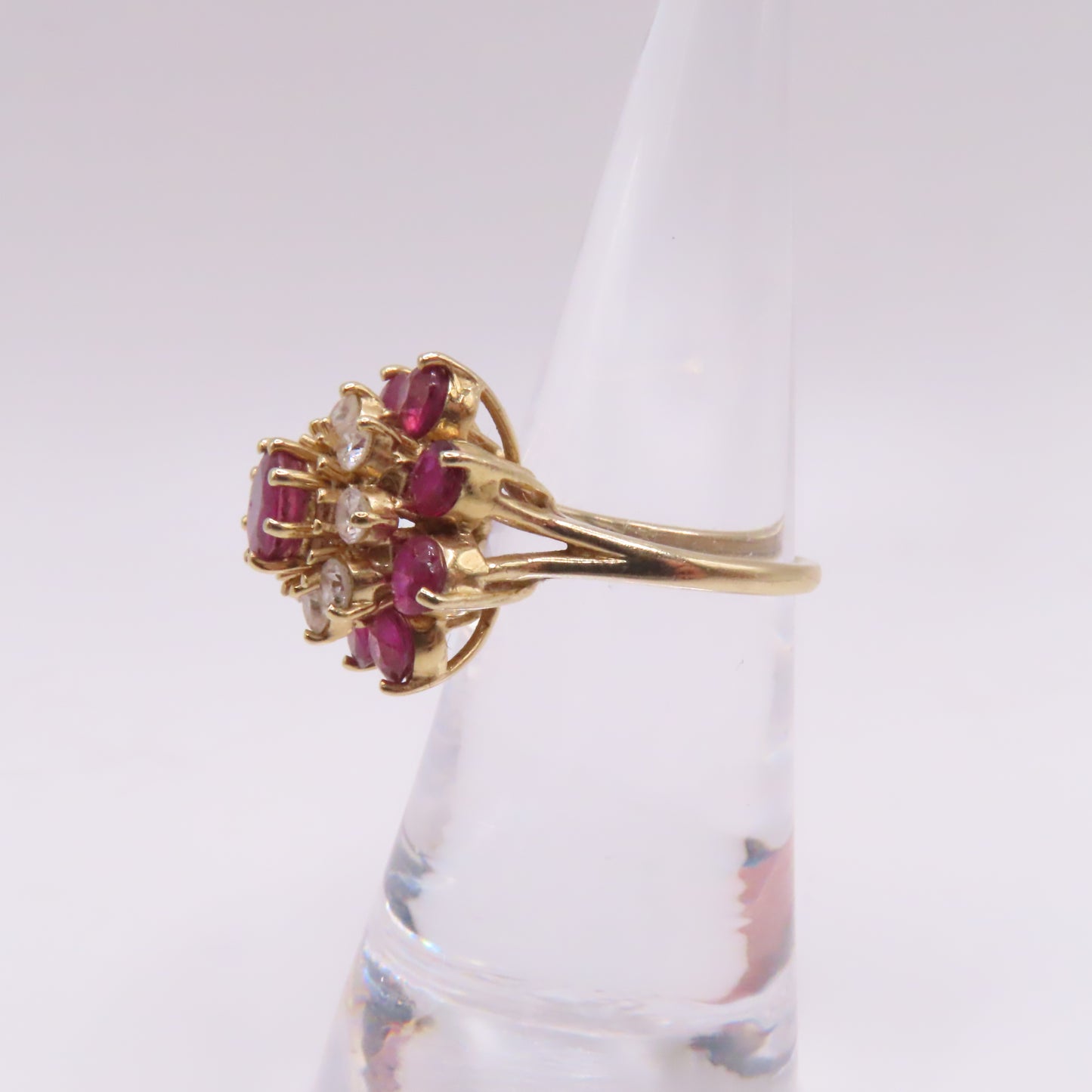 14K Yellow Gold Round Ruby and Diamond Tiered Cluster Ring Size 5 4.2g